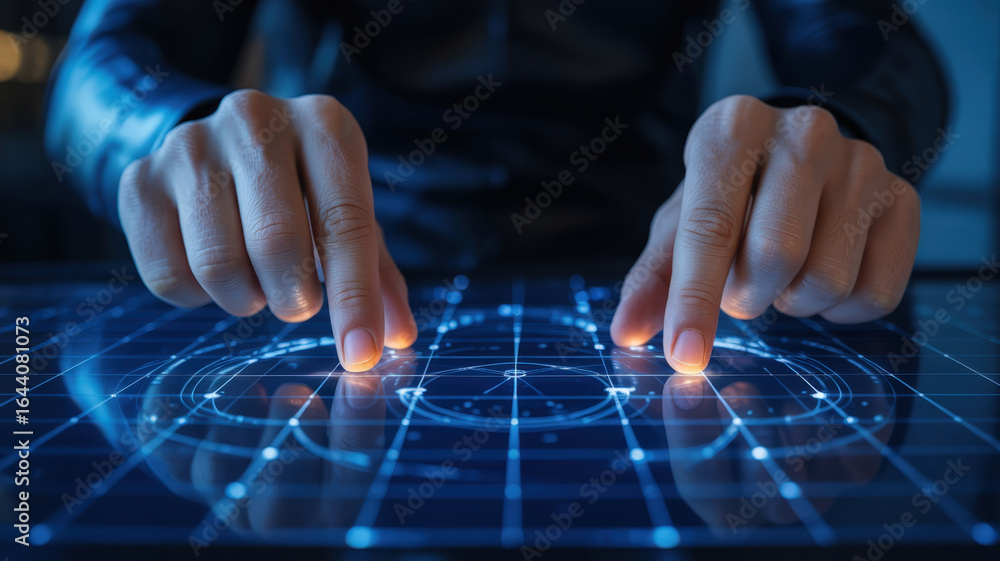 Poster hands interacting with a futuristic touch screen display, creating an innovative atmosphere