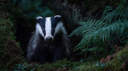 European badger emerging from its burrow at twilight surrounded by mossy ground and forest ferns