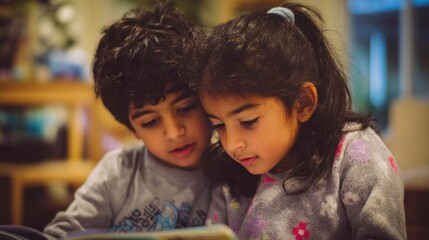 Two children reading together indoors. A young boy with curly black hair and a young girl with long black hair. They are focused on a book, surrounded by a cozy environment.