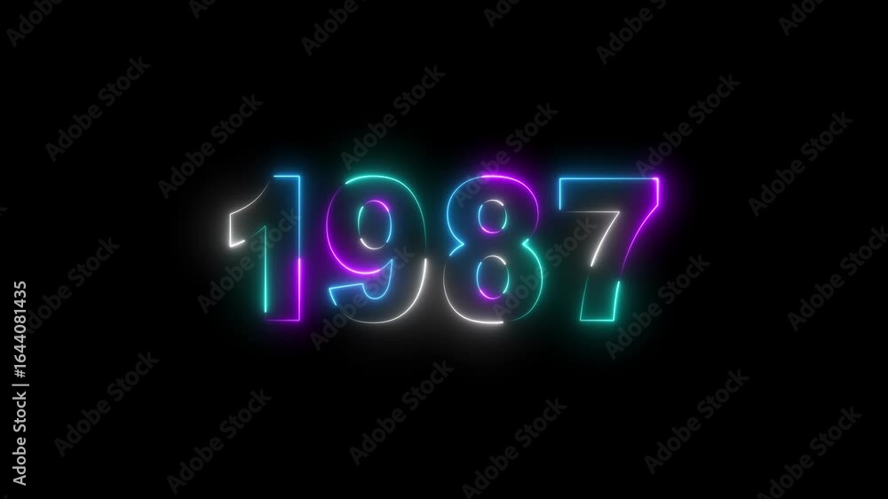 Poster 1987 neon line text. abstract 1989 neon text animation ,for neon color glowing neon number text back
