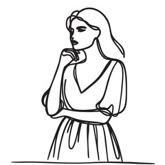 Black and white line drawing of woman thinking or emotional hesitation, sketch silhouette