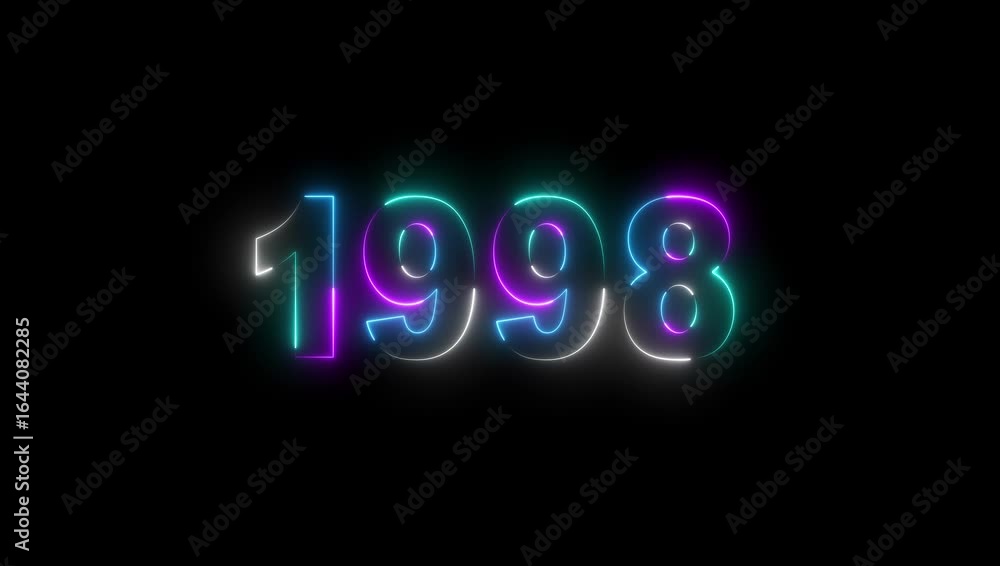 Poster 1998 neon line text. abstract 1998 neon text animation, glowing neon number text background 4k video