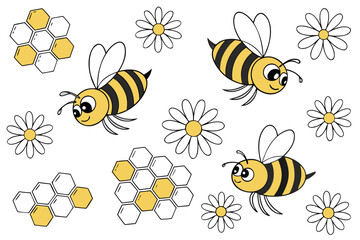 Cute cartoon honey bee flying with a yellow summer flower