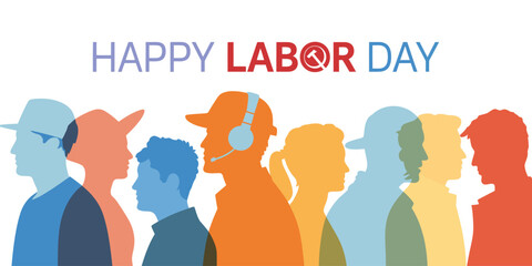 Happy Labor Day USA greeting card featuring colorful silhouettes of diverse workers with gear symbol replacing “O” in red-blue festive typography
