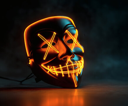 An illuminated mask with neon lights against a dark, smoky background. - Powered by Adobe