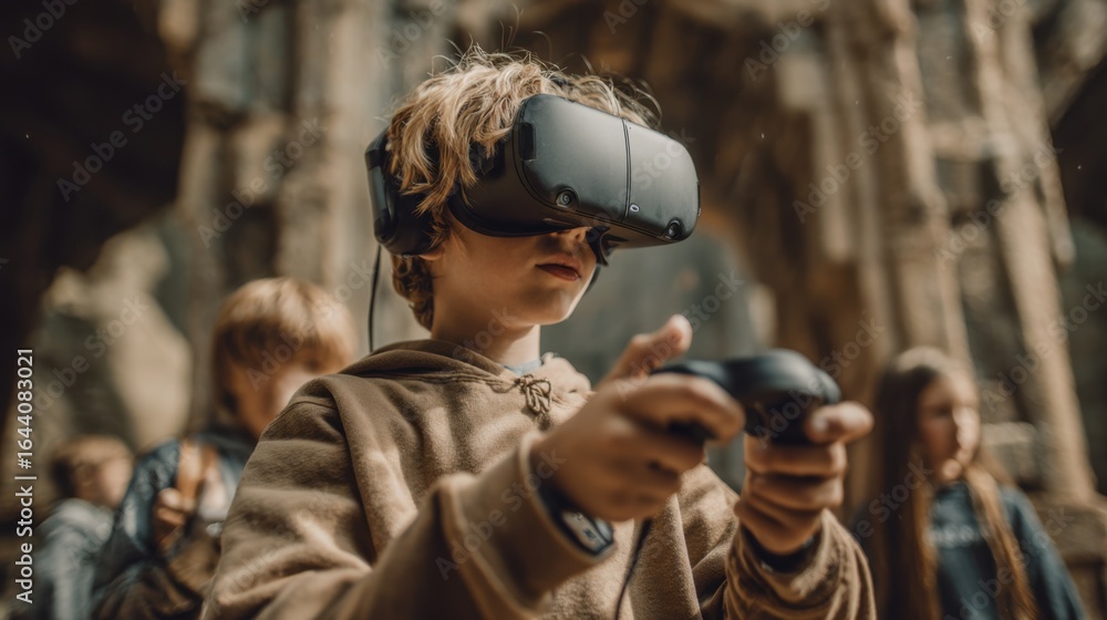 Poster focused medium shot on a young learners hands navigating a vr controller exploring massive stone str