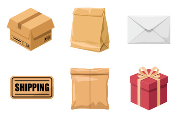Shipping and packaging icon set, cardboard box, kraft paper bag, mail envelope, shipping label, gift present, delivery vector, logistics design