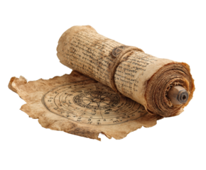 The ancient scroll unveils a compass rose and historical writing details.
