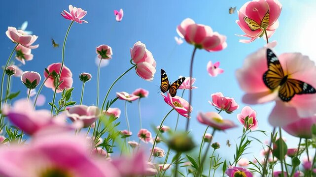 A variety of butterflies gracefully fly among blooming pink flowers under a clear blue sky in a lively spring garden