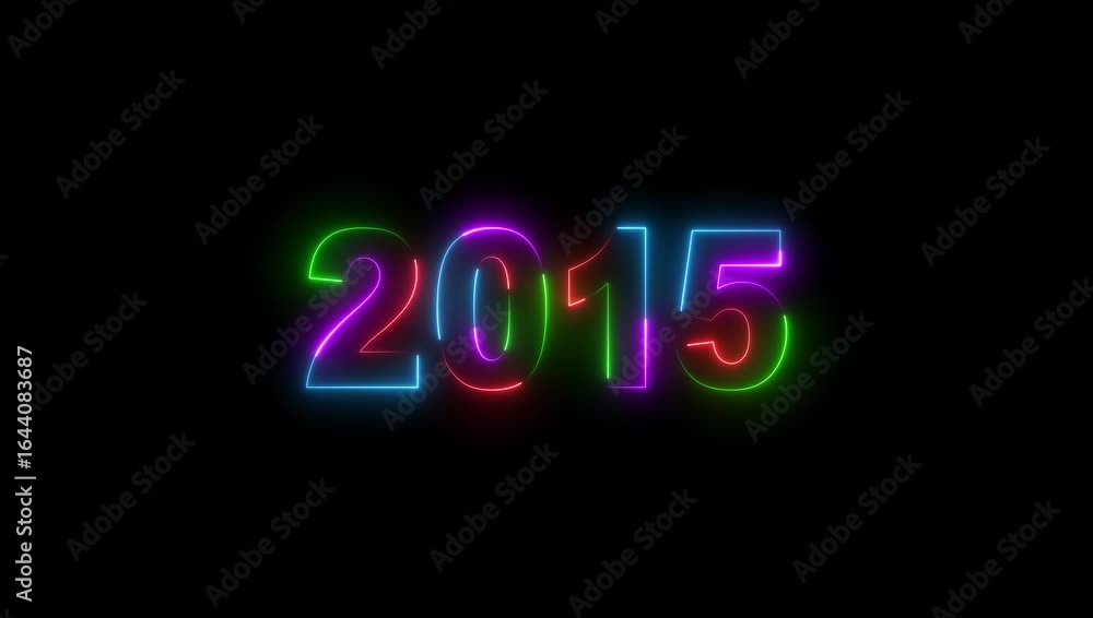 Poster 3d rendering background with multi-colored neon text 2015 on black.