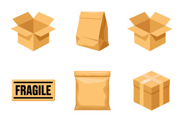 Fragile parcel icons, open box, fragile sticker, padded envelope, small package, delivery sign, vector illustration, shipping design © kdpprosolutions2015
