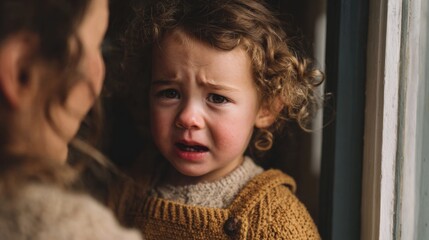 Obraz premium A young Caucasian girl with curly hair looks upset while being comforted by an adult. The scene captures a moment of emotional connection indoors.