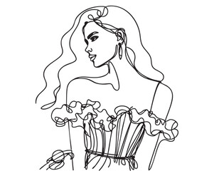 Girls in pompous dress with ruffles illustration. Fashion line doodles sketch