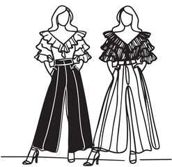 Girls abstract in top and pants with ruffles illustration. Fashion line doodles sketch
