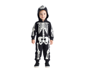 A cute young boy dressed in a skeleton costume for Halloween