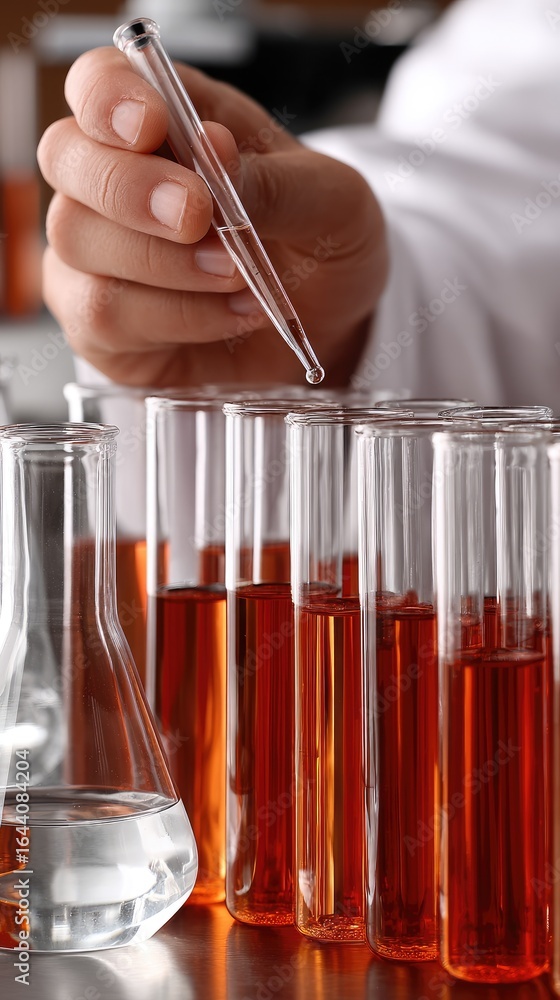 Poster laboratory technician conducting a precise experiment with red liquid in test tubes during research 