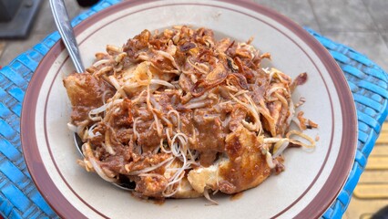 Indonesian Tahu Campur Dish with Tofu Bean Sprouts and Peanut Sauce on Plate.