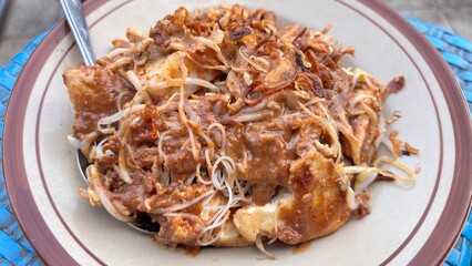Indonesian Ketoprak dish with peanut sauce vermicelli tofu and crispy fried shallots.