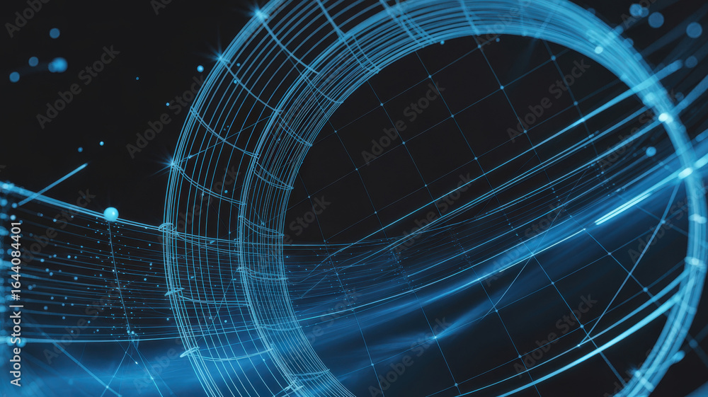 Poster abstract digital design of a glowing blue wireframe sphere and lines on a dark background, suitable 