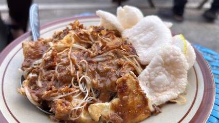 Indonesian Gado-Gado Dish with Fried Onions and Crackers.
