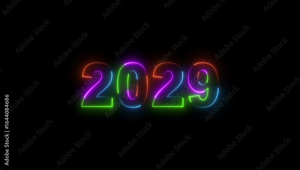Poster 2029 neon line text. abstract 2029 neon text animation, glowing neon number text background. four co
