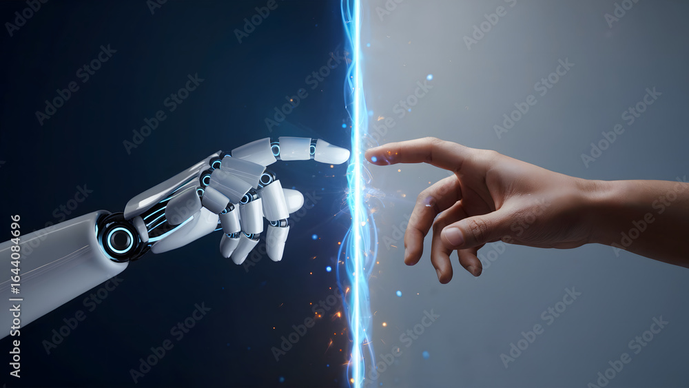 Poster human and robot hands touching, symbolizing the connection between artificial intelligence and manki