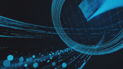 An abstract, futuristic design of a clock with bright blue lines and a dark background. It conveys concepts of time, technology, and modern design