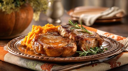Apple-cider glazed pork chops with mashed sweet potatoes, styled on earthenware plates and seasonal napkins