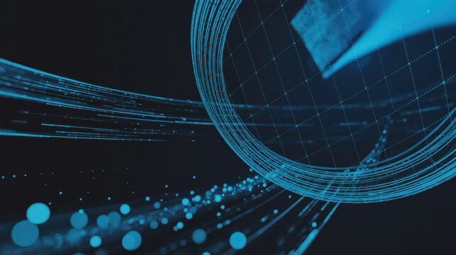 An abstract, futuristic design of a clock with bright blue lines and a dark background. It conveys concepts of time, technology, and modern design