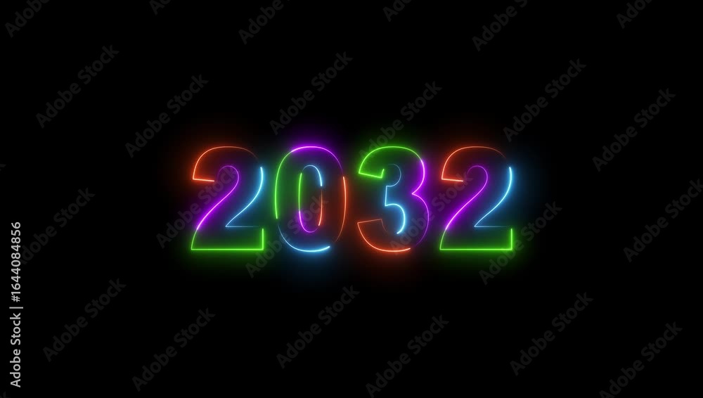 Poster 2032 neon line text. abstract 2032 neon text animation, glowing neon number text background 4k anima