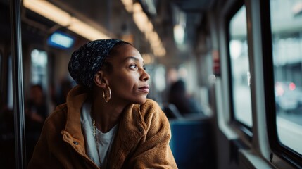 Young black woman with braided hair wearing a brown jacket sitting on a bus looking out the window.