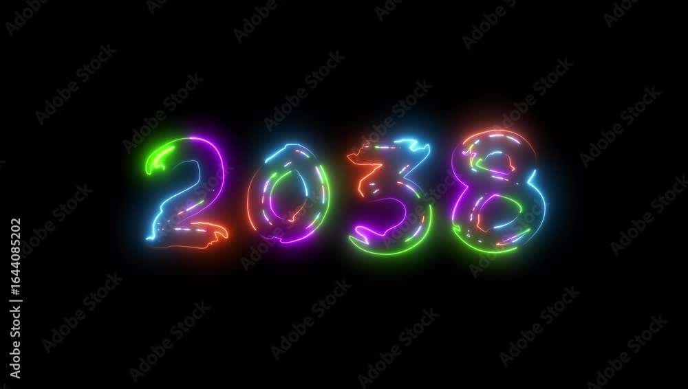 Poster new year 2038 animation. 2038 number neon text black background animation. and creating a stunning v