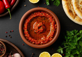Turkish ezme salad with olive oil in a clay bowl served with fresh herbs and bread