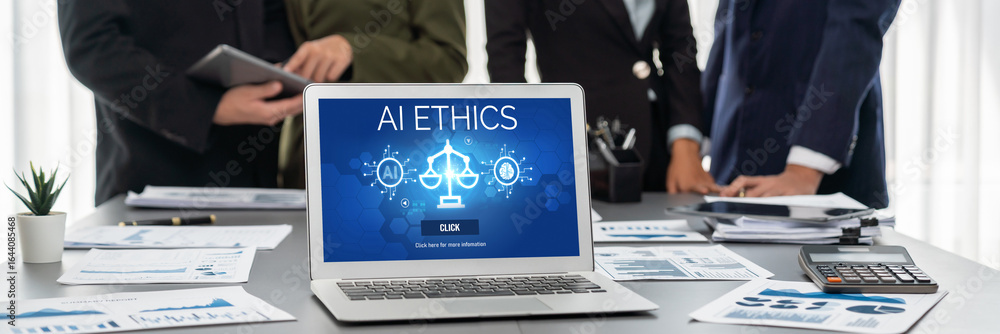 Poster ai ethics responsibility standard law and rules on computer screen provide report of ai ethic transp