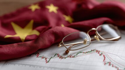 Analysis of financial trends with stock charts, glasses, and a Chinese flag representing economic insights