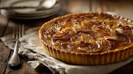Caramelized onion tart in golden light with props like linen napkins and small antique utensils