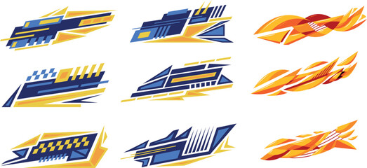 Motorsport and Racing Stripes Graphic Set with Speed Lines, Checkered Flags, and Performance Car Elements