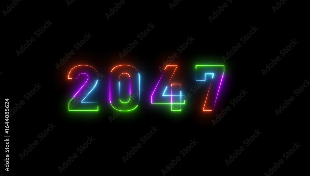 Poster 2047 neon line text animation. glowing 2047 number text animation background.