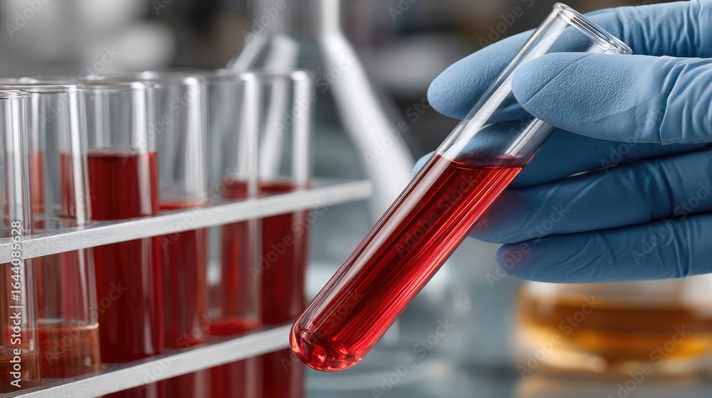 Poster scientist conducting experiments in modern laboratory with red liquid in flask during research activ