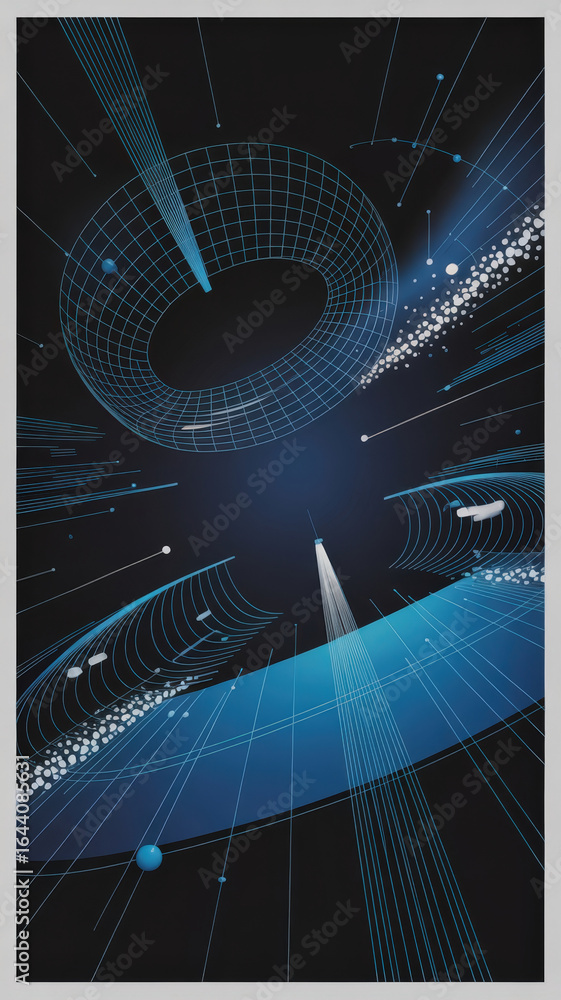 Poster a digital abstract artwork featuring geometric shapes and lines, creating a sense of depth and futur