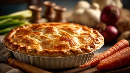 Chicken pot pie with flaky crust in a vintage pie tin, surrounded by raw vegetables and wooden utensils, warm filtered lighting
