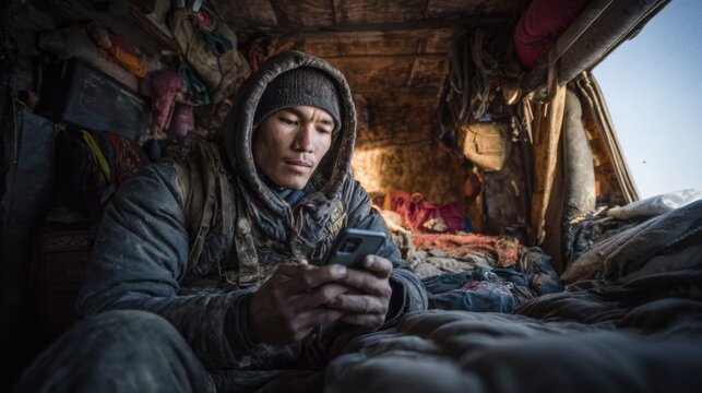 A young Asian man sits inside a rustic van, wearing a hooded jacket. He is focused on his smartphone, surrounded by a cozy, makeshift living space.