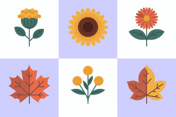 Minimal botanical set, single stem flowers and leaves, sunflower and daisy, autumn leaf icons, nature vector collection