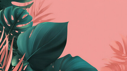 Deep teal and coral foliage arrangement on soft pink background tropical leaves monstera