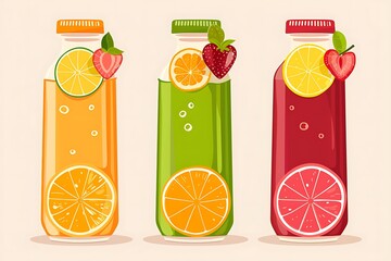 Refreshing Fruit Juice Bottles: Vibrant Summer Drinks, Cartoon Style
