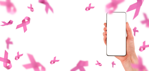 Female hand holding smartphone with blank screen and flying pink ribbon for text on pink background. Pink Breast Cancer Awareness Ribbon. October Pink day. Design element.