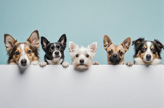 Five dogs peeking over a white barrier against a light blue background
