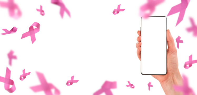 Female hand holding smartphone with blank screen and flying pink ribbon for text on pink background. Pink Breast Cancer Awareness Ribbon. October Pink day. Design element.