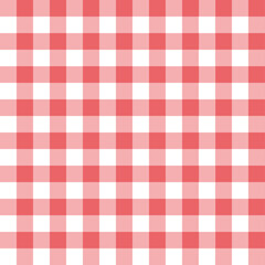 Red and white checkered tablecloth seamless pattern in gingham style, classic picnic fabric design with square grid, vector illustration background for kitchen, restaurant, and decorative textile use.