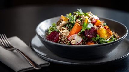 Harvest bowl with roasted vegetables, quinoa and tahini dressing, served on a matte ceramic plate with a napkin